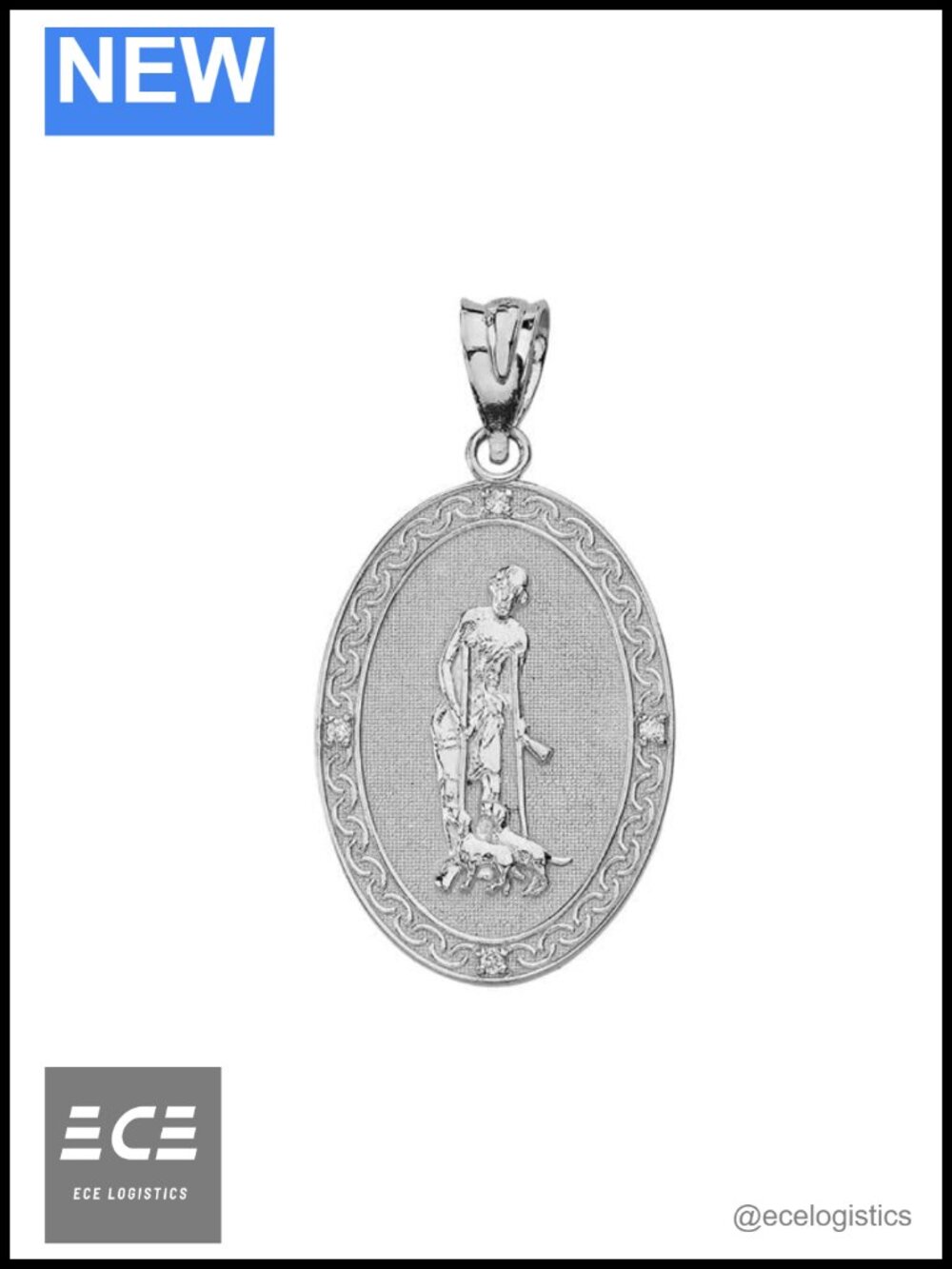 Sterling Silver Saint Lazarus Oval Medallion CZ Pendant Necklace